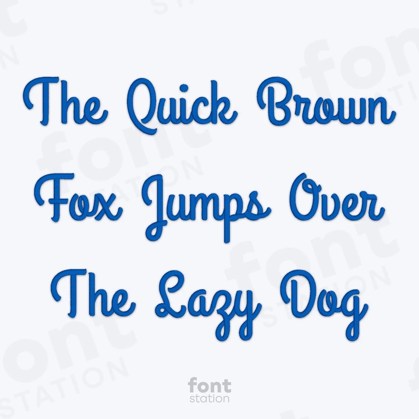 Text 'The Quick Brown Fox Jumps Over The Lazy Dog' on a white background using the Thick Script embroidery font by FontStation.