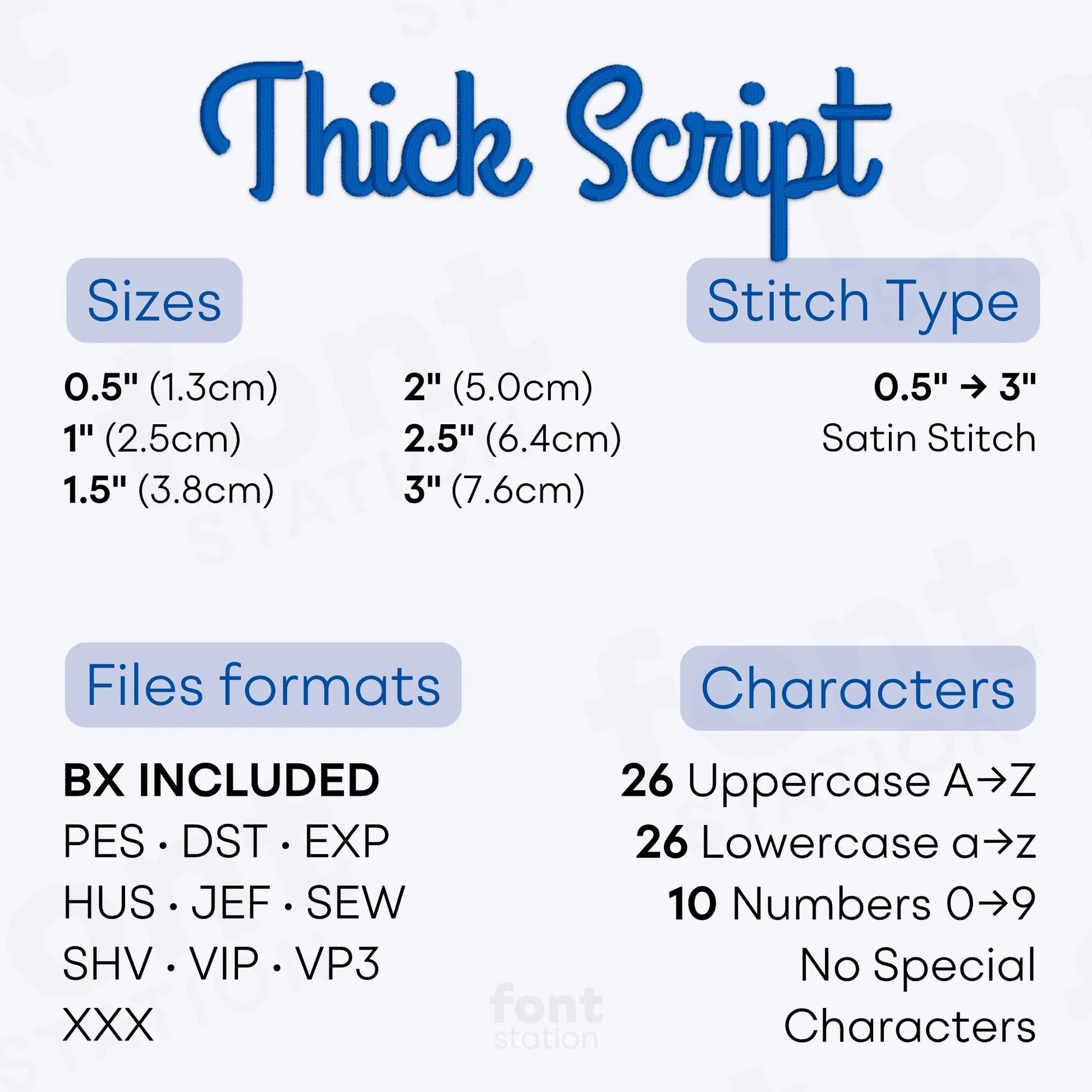 Image showing the different files formats, sizes, stitch type and available characters of the Thick Script Embroidery Font by FontStation
