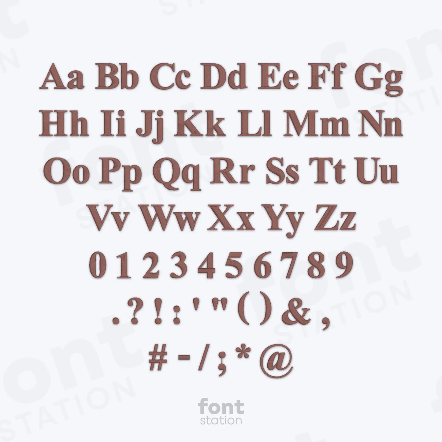 Alphabet, numbers and special characters using the Times Roman Bold embroidery font on a white background