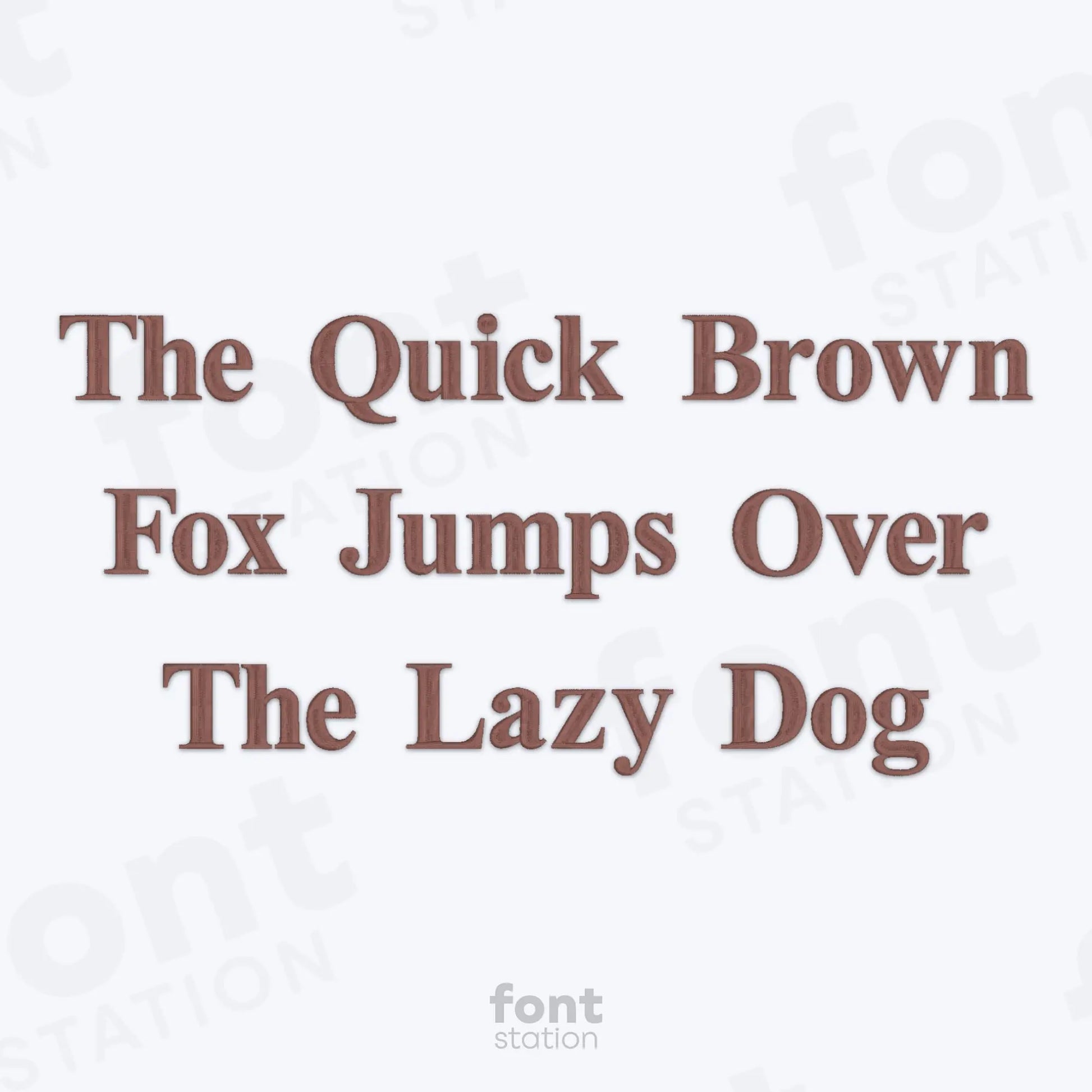 Text 'The Quick Brown Fox Jumps Over The Lazy Dog' using the Times Roman Bold embroidery font on a white background.