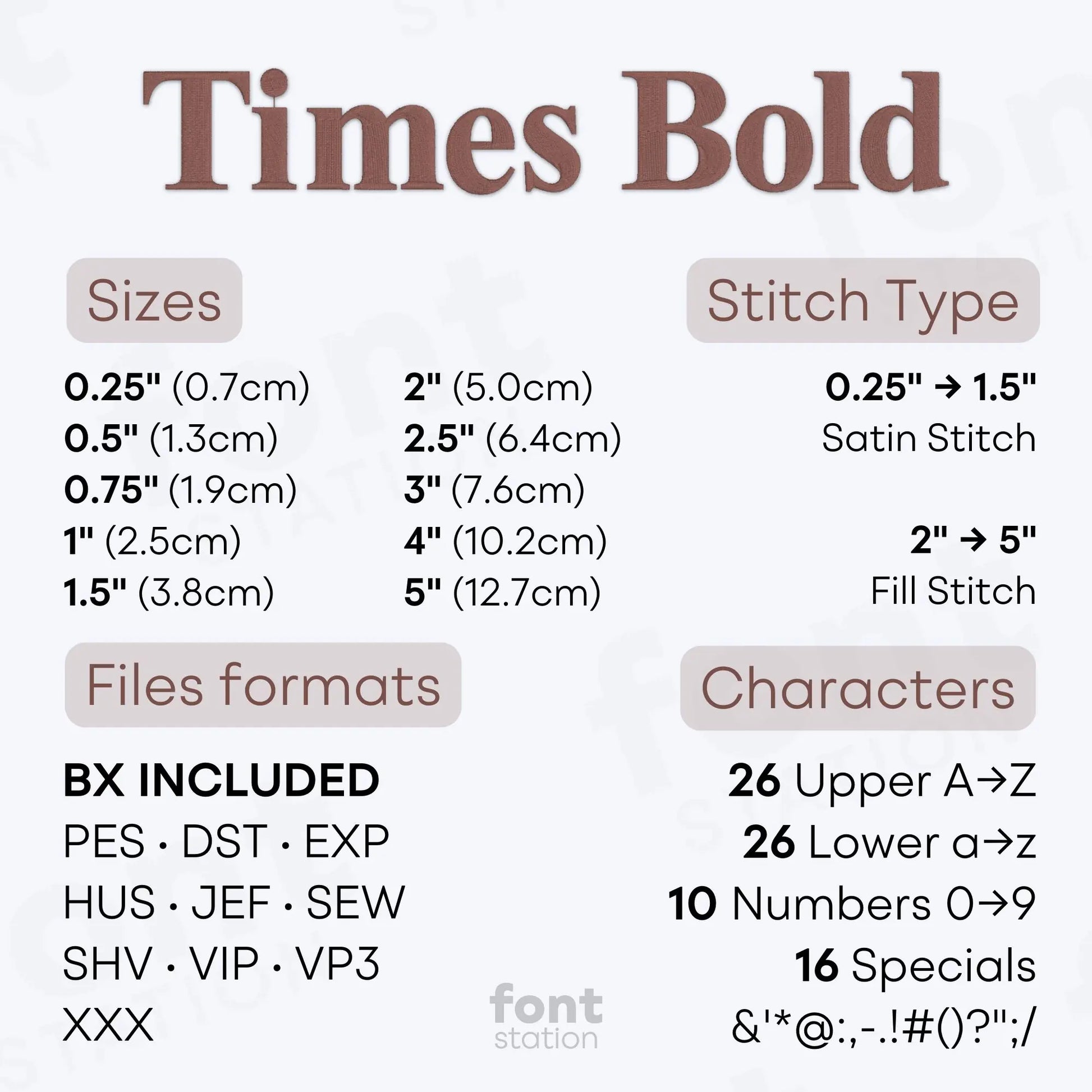 Image showing the different files formats, sizes, stitch type and available characters of the Times Roman Bold Embroidery Font by FontStation
