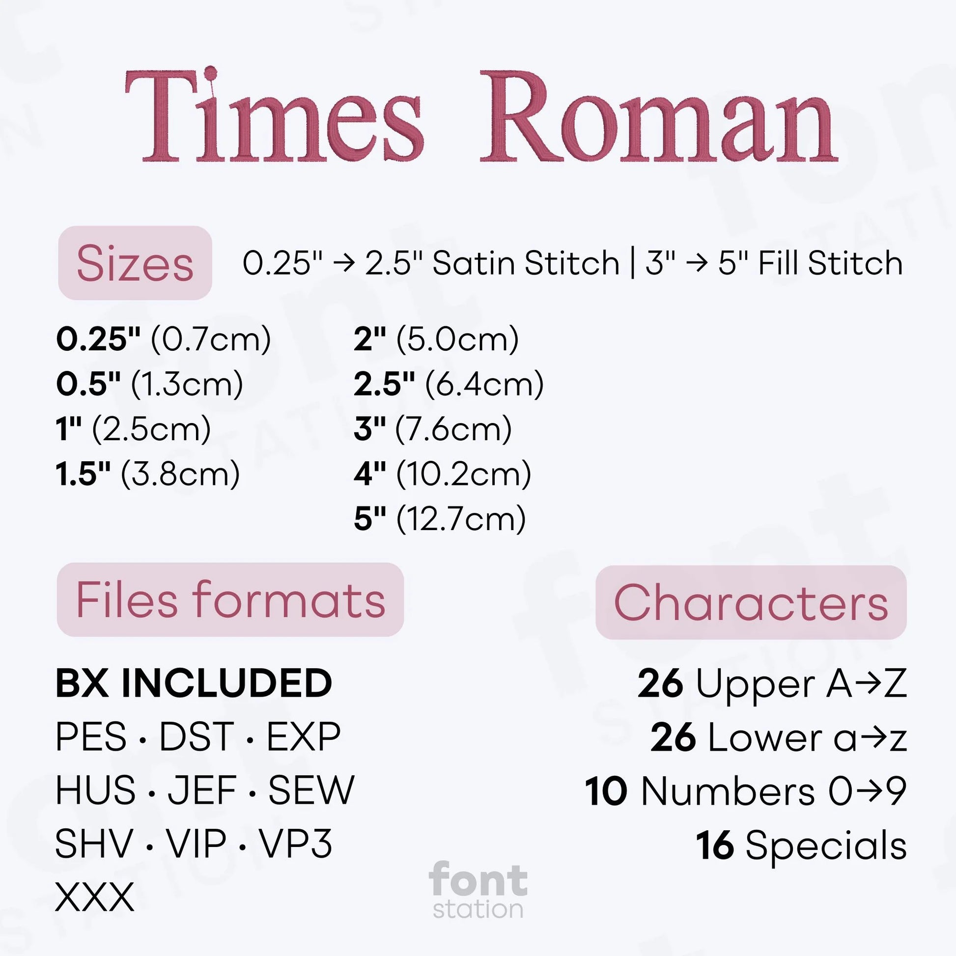 Image showing the different files formats, sizes, stitch type and available characters of the Times Roman Embroidery Font by FontStation