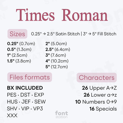 Image showing the different files formats, sizes, stitch type and available characters of the Times Roman Embroidery Font by FontStation
