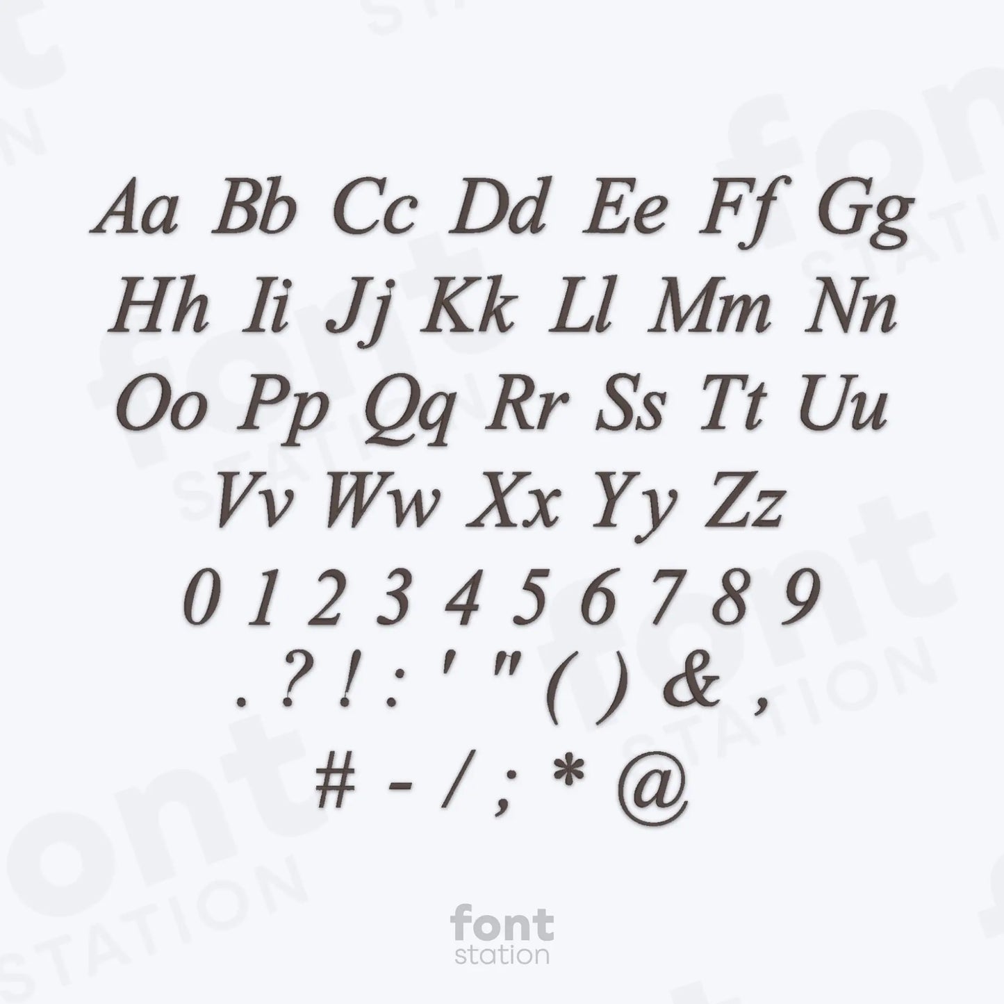 Alphabet, numbers and special characters on a white background using the Times Roman Italic embroidery font.