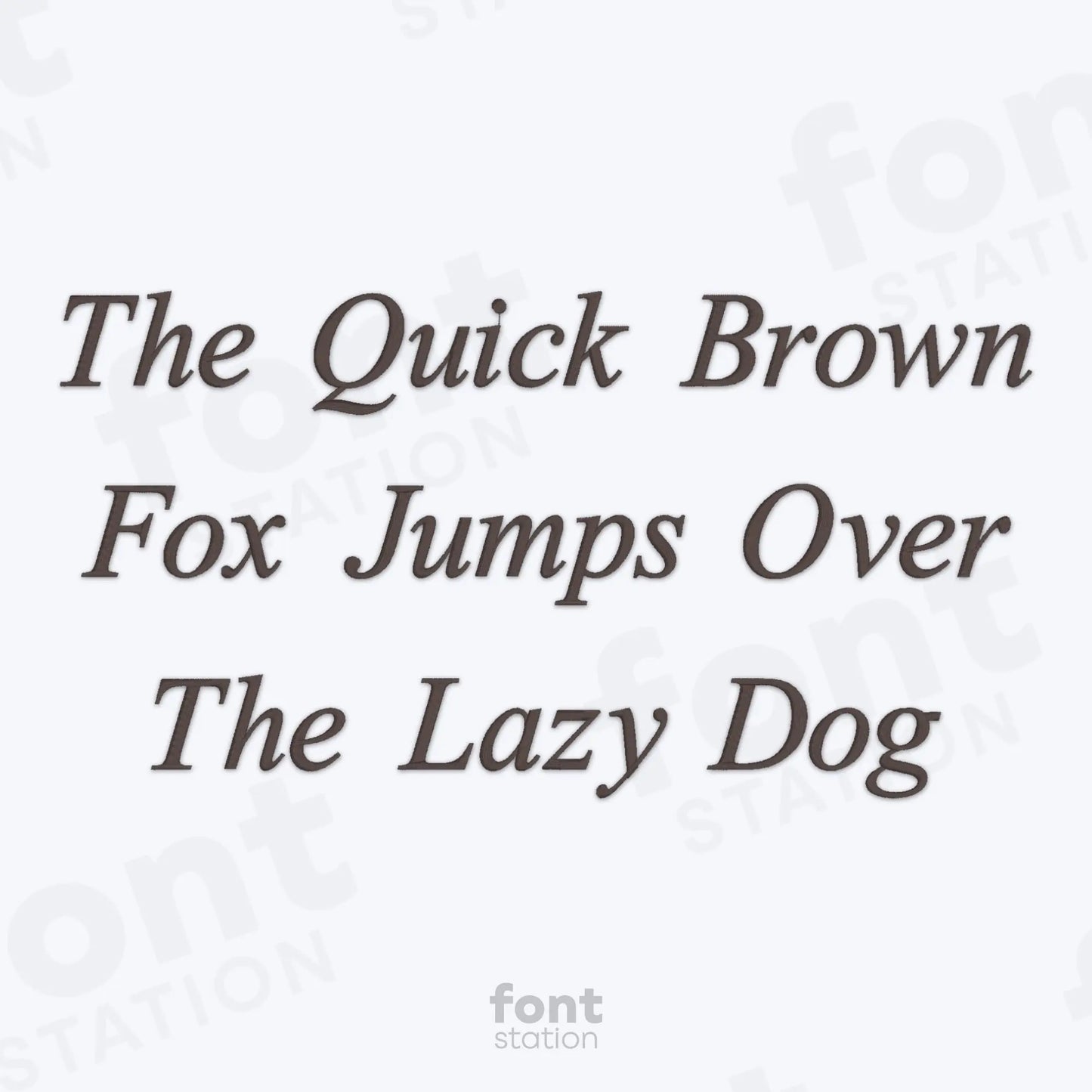 Text 'The Quick Brown Fox Jumps Over The Lazy Dog' on a light background using the Times Roman Italic embroidery font