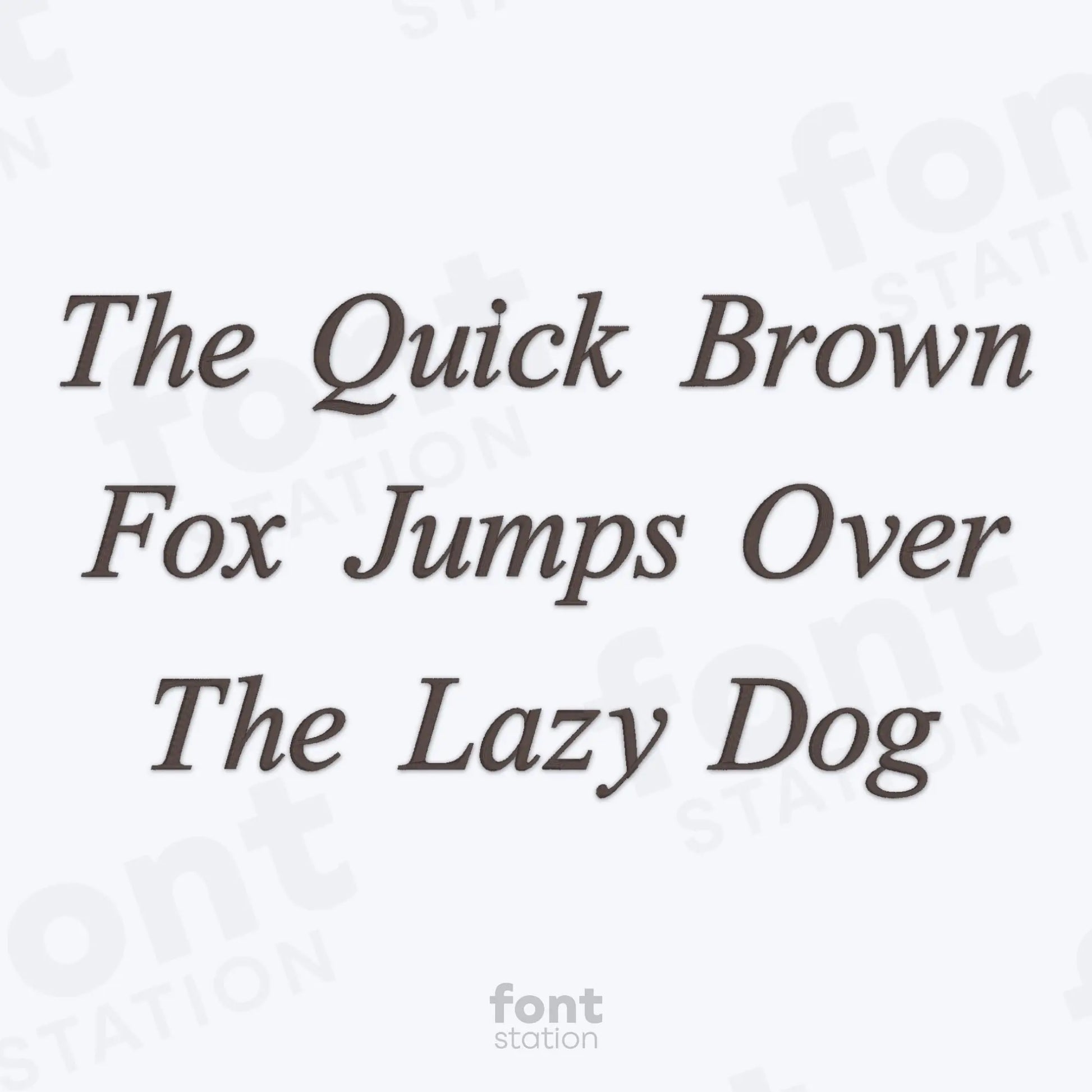Text 'The Quick Brown Fox Jumps Over The Lazy Dog' on a light background using the Times Roman Italic embroidery font