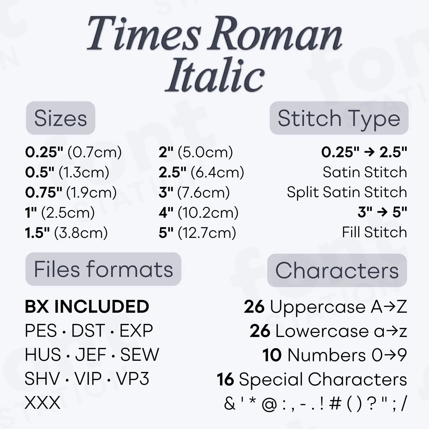 Image showing the different files formats, sizes, stitch type and available characters of the Times Roman Italic Embroidery Font by FontStation