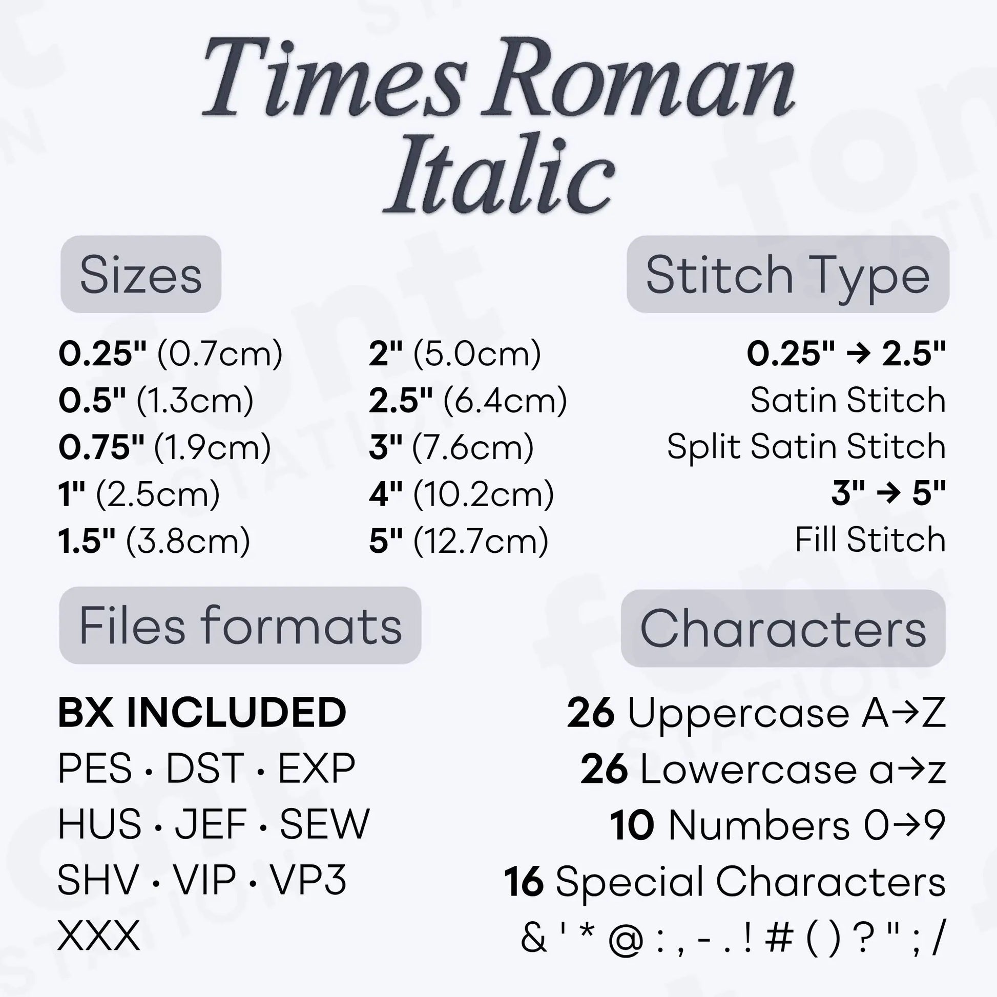 Image showing the different files formats, sizes, stitch type and available characters of the Times Roman Italic Embroidery Font by FontStation
