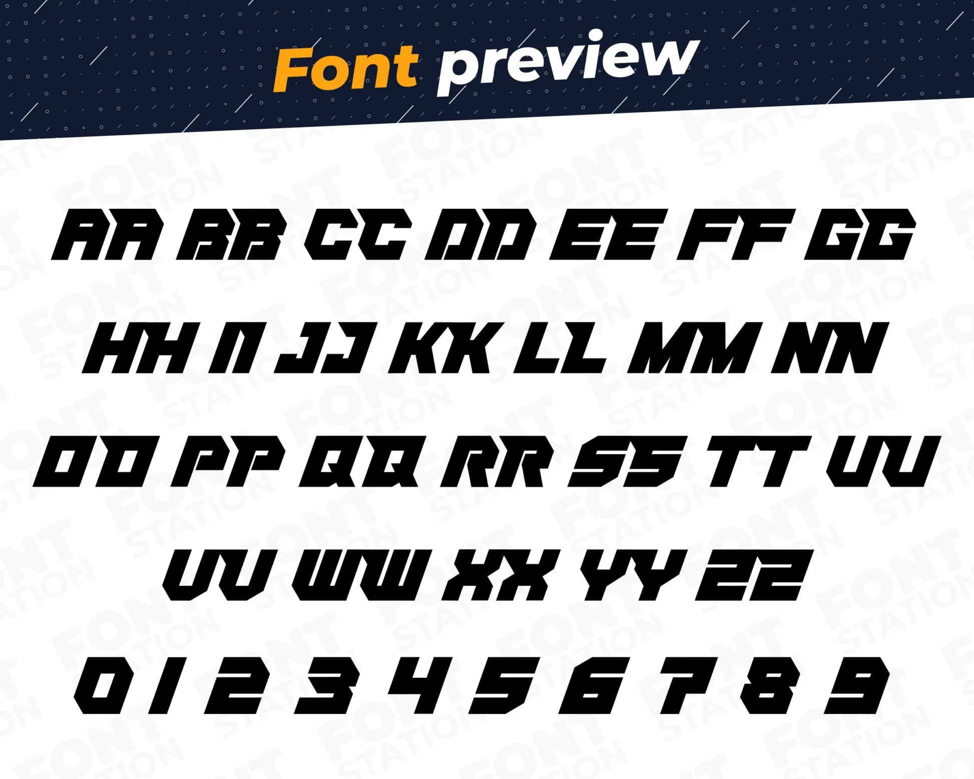 Image showing all characters available in the Tokyo Drift font created by FontStation.