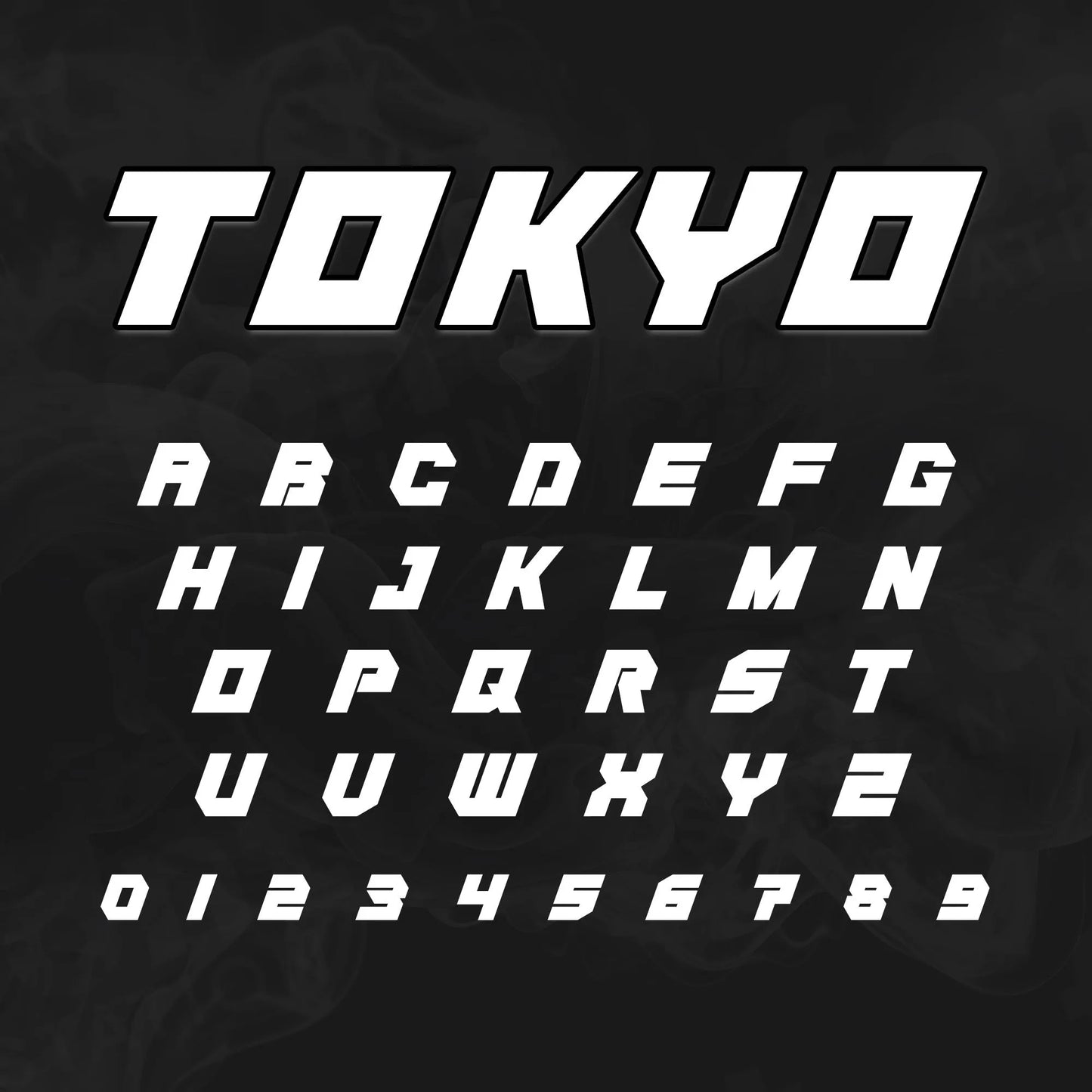 Image showing all characters available in the Tokyo Drift font created by FontStation.