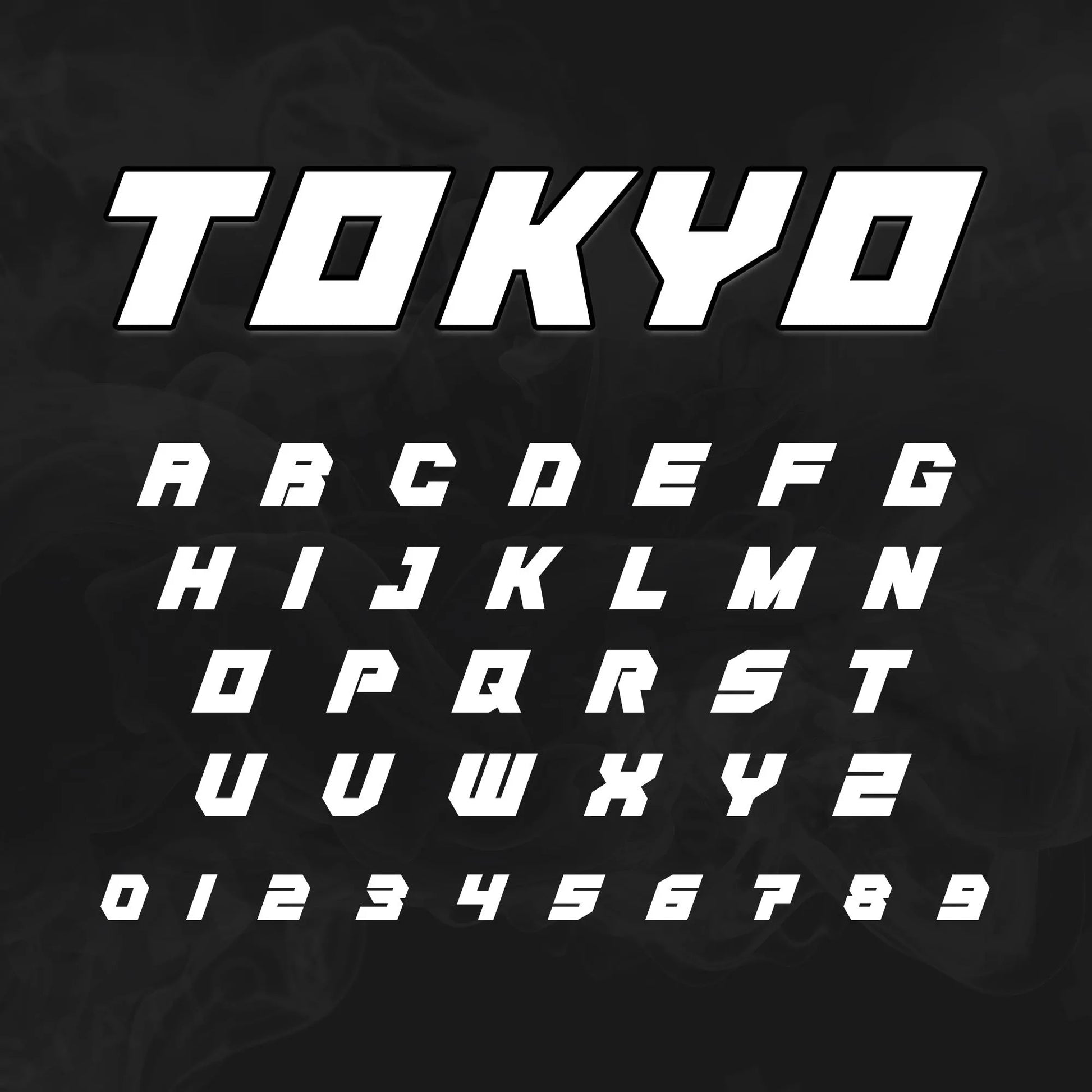 Image showing all characters available in the Tokyo Drift font created by FontStation.