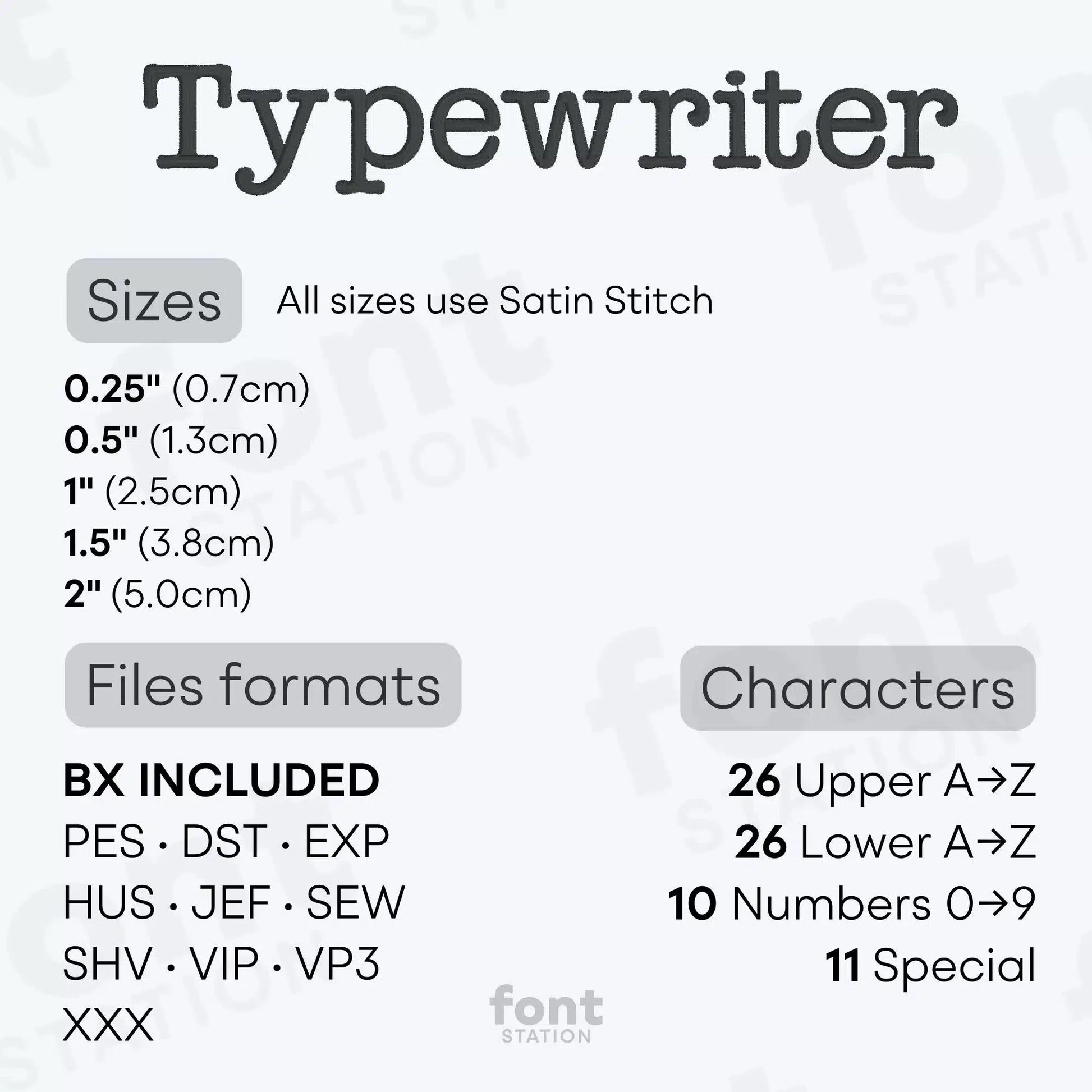 Image showing the different files formats, sizes, stitch type and available characters of the Typewriter Embroidery Font by FontStation