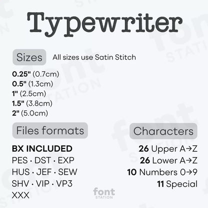 Image showing the different files formats, sizes, stitch type and available characters of the Typewriter Embroidery Font by FontStation