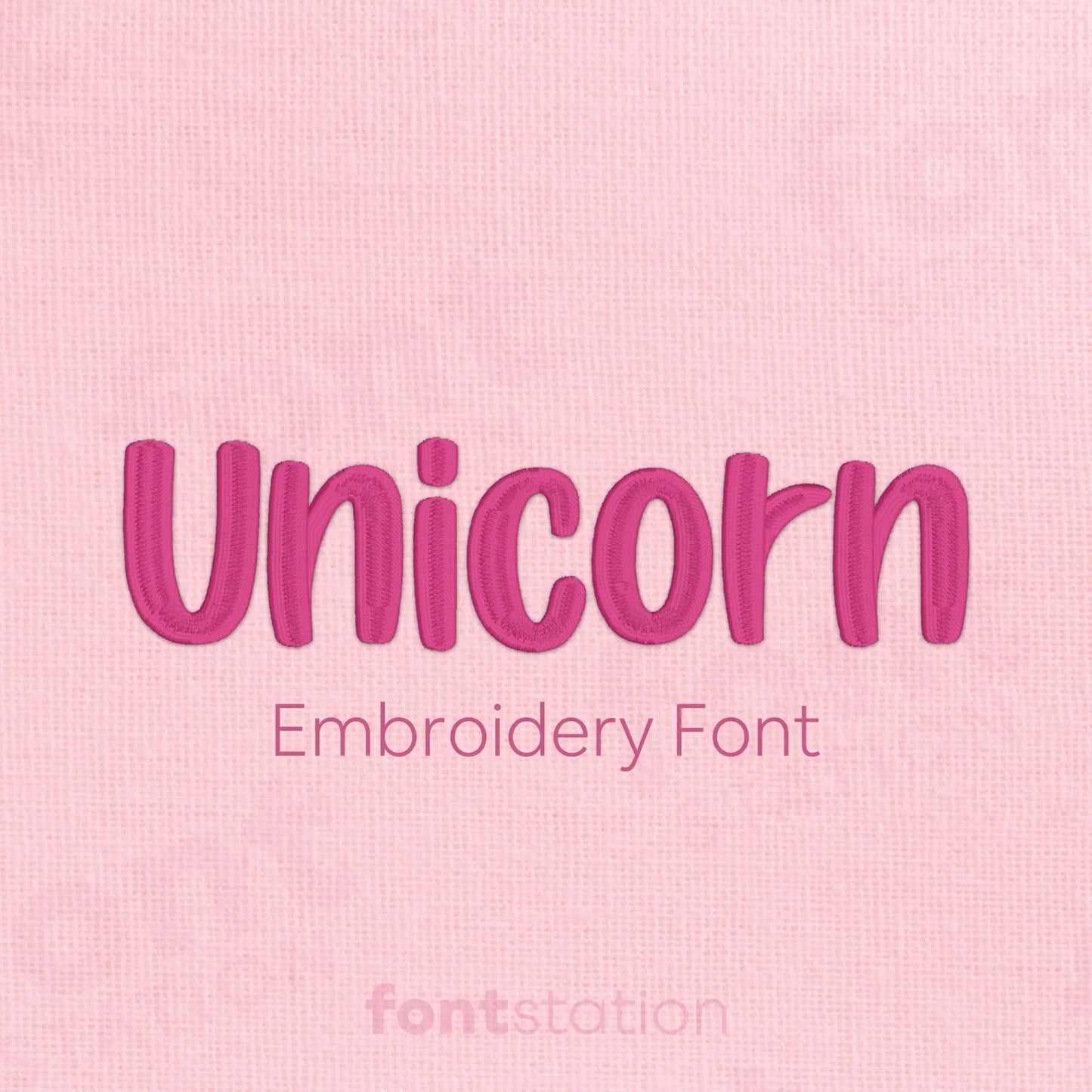 Main image of the Unicorn embroidery font created by FontStation.