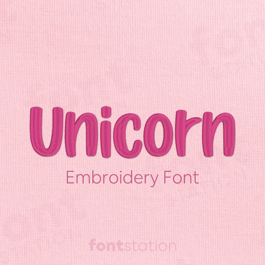 Main image of the Unicorn embroidery font created by FontStation.