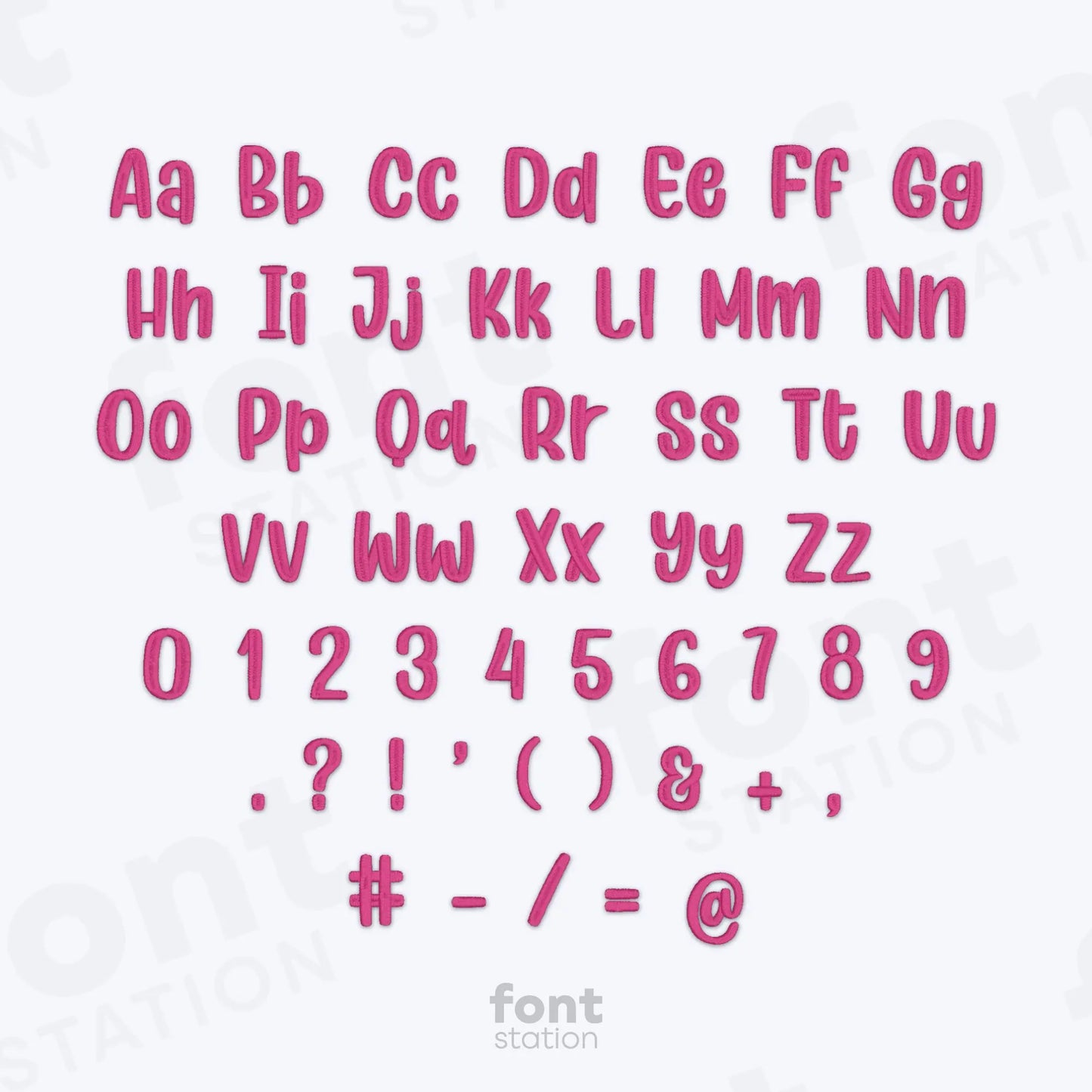 Pink alphabet, numbers and special characters using the Unicorn embroidery font on a white background