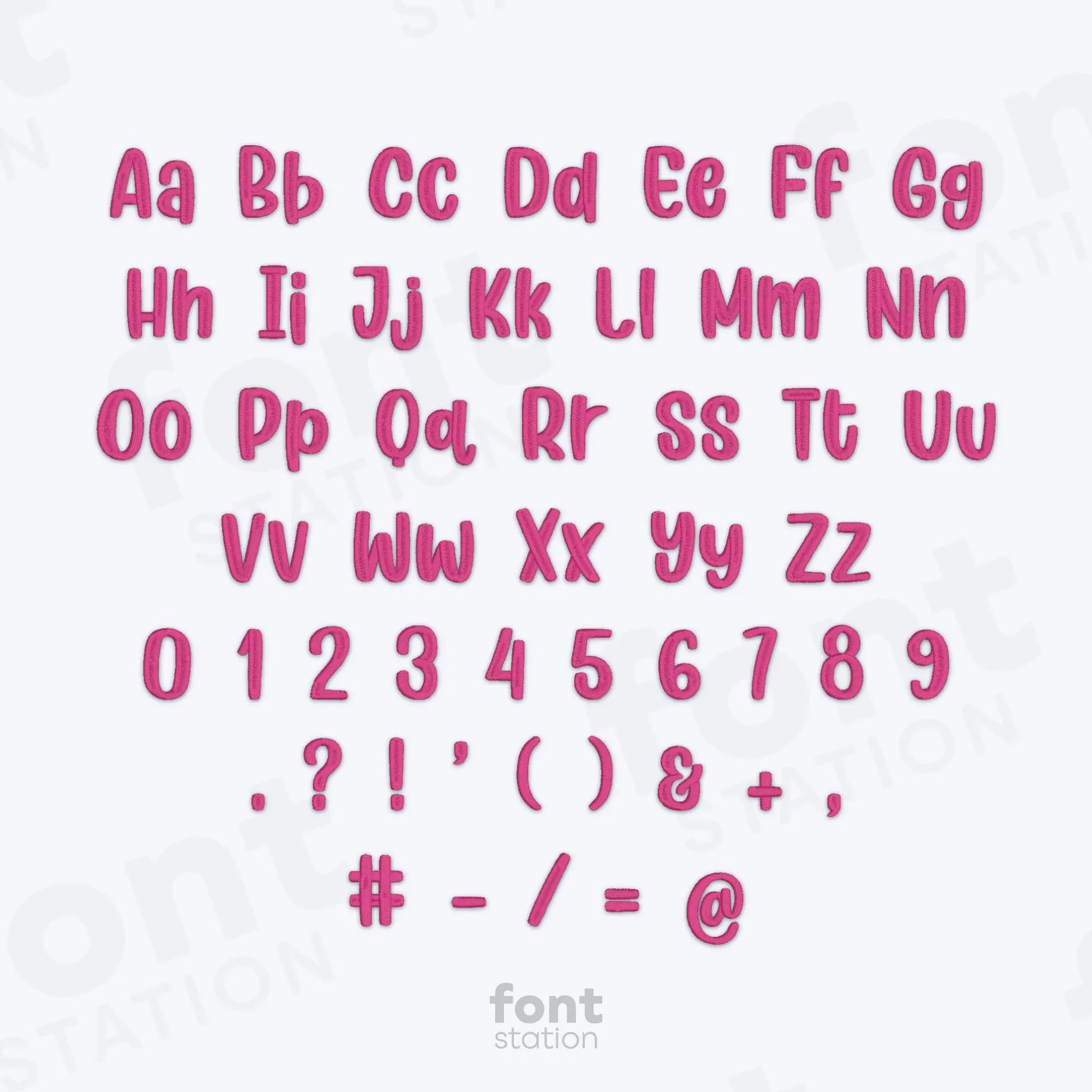 Pink alphabet, numbers and special characters using the Unicorn embroidery font on a white background
