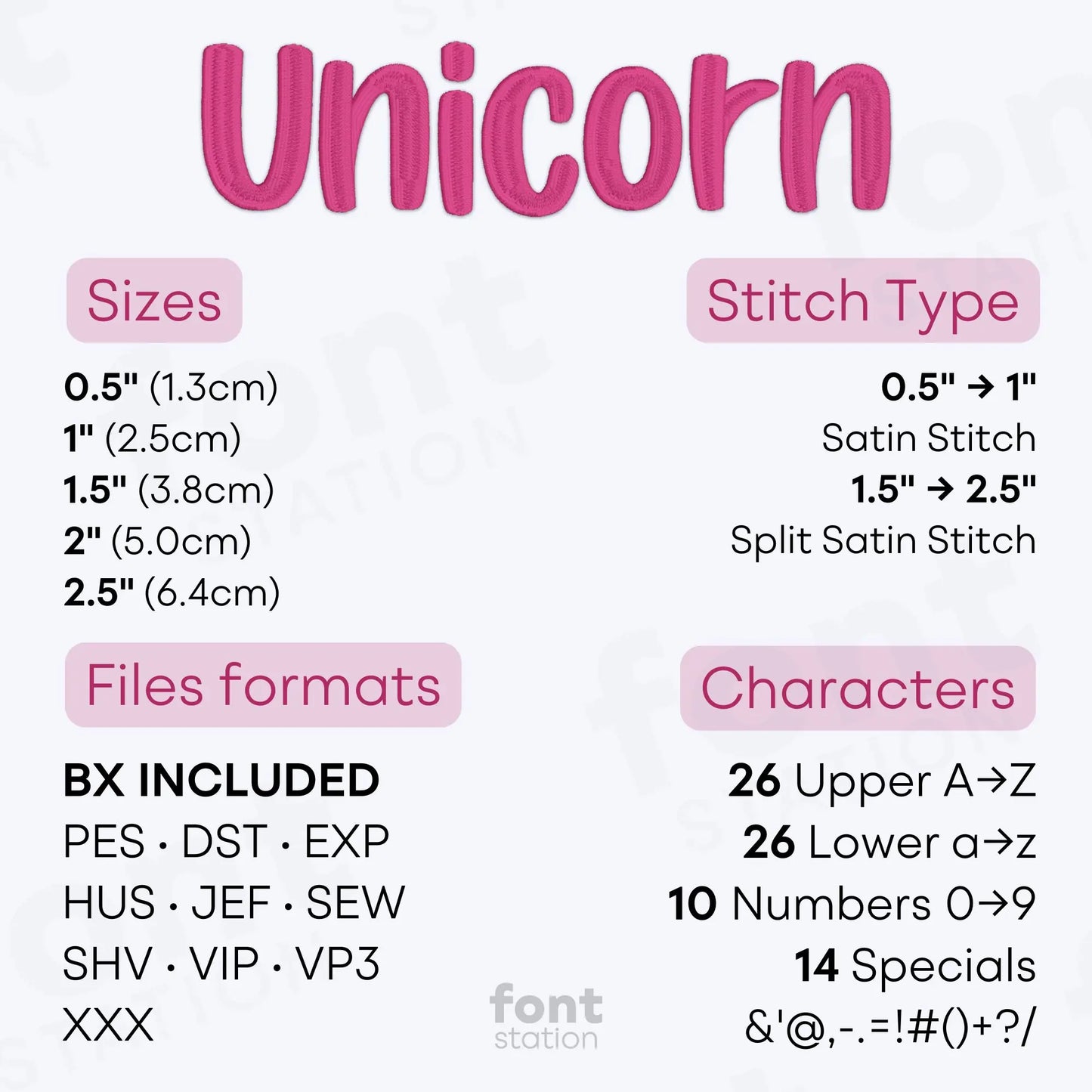 Image showing the different files formats, sizes, stitch type and available characters of the Unicorn Embroidery Font by FontStation