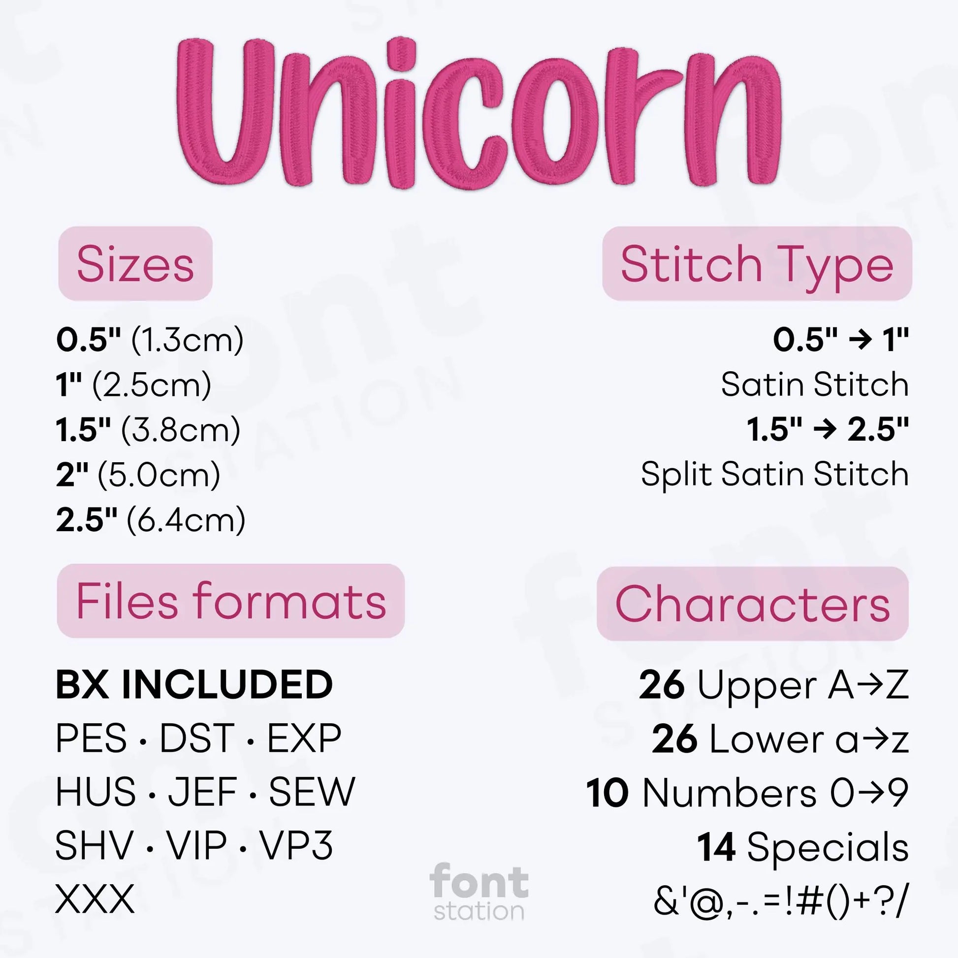 Image showing the different files formats, sizes, stitch type and available characters of the Unicorn Embroidery Font by FontStation