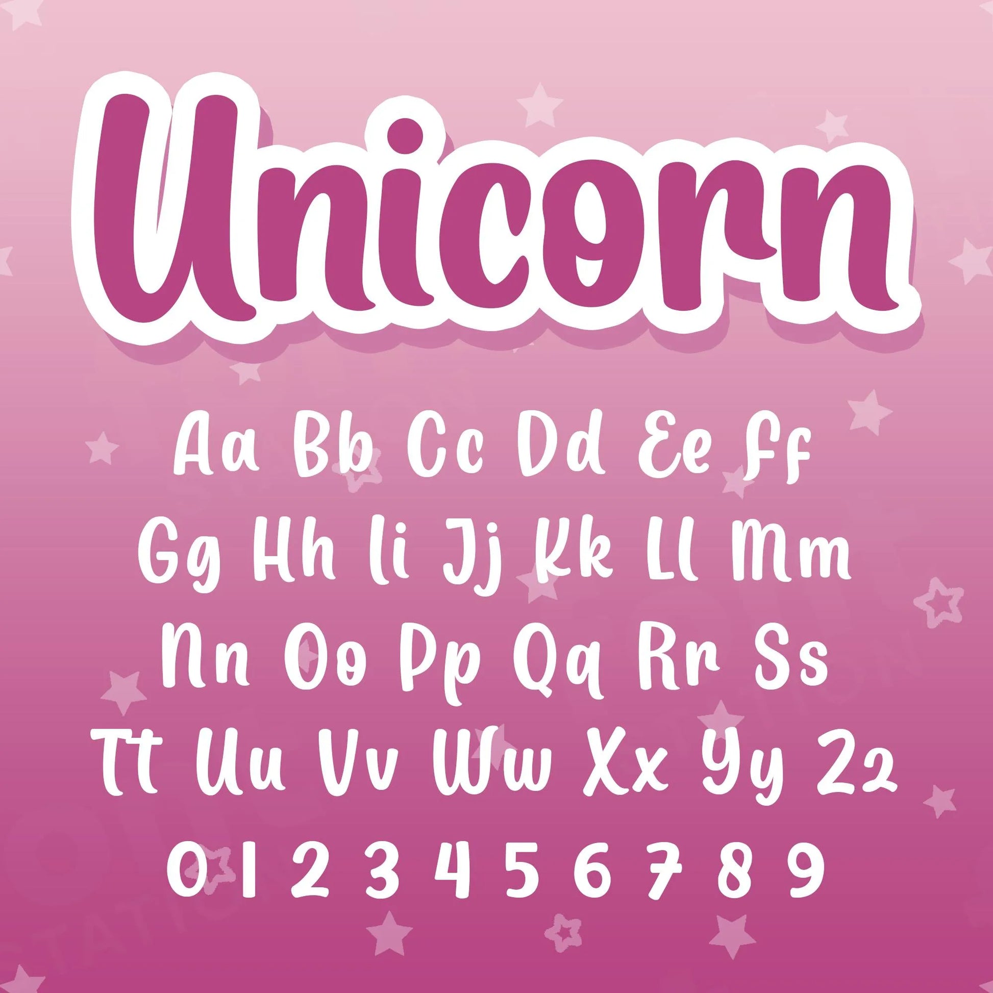 Image showing all characters available in the Unicorn font created by FontStation.