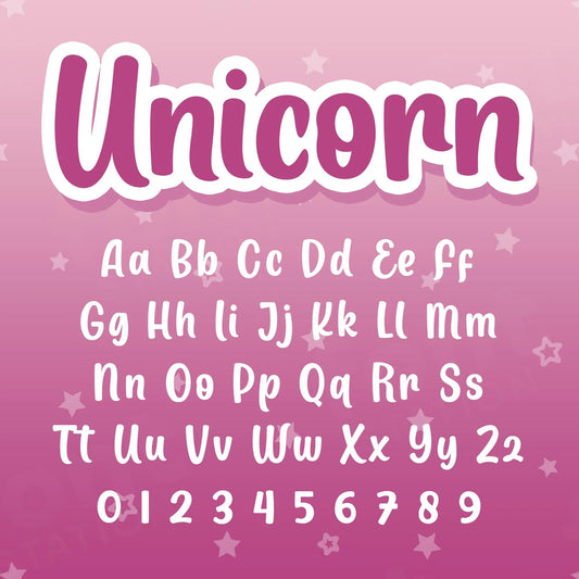 Image showing all characters available in the Unicorn font created by FontStation.