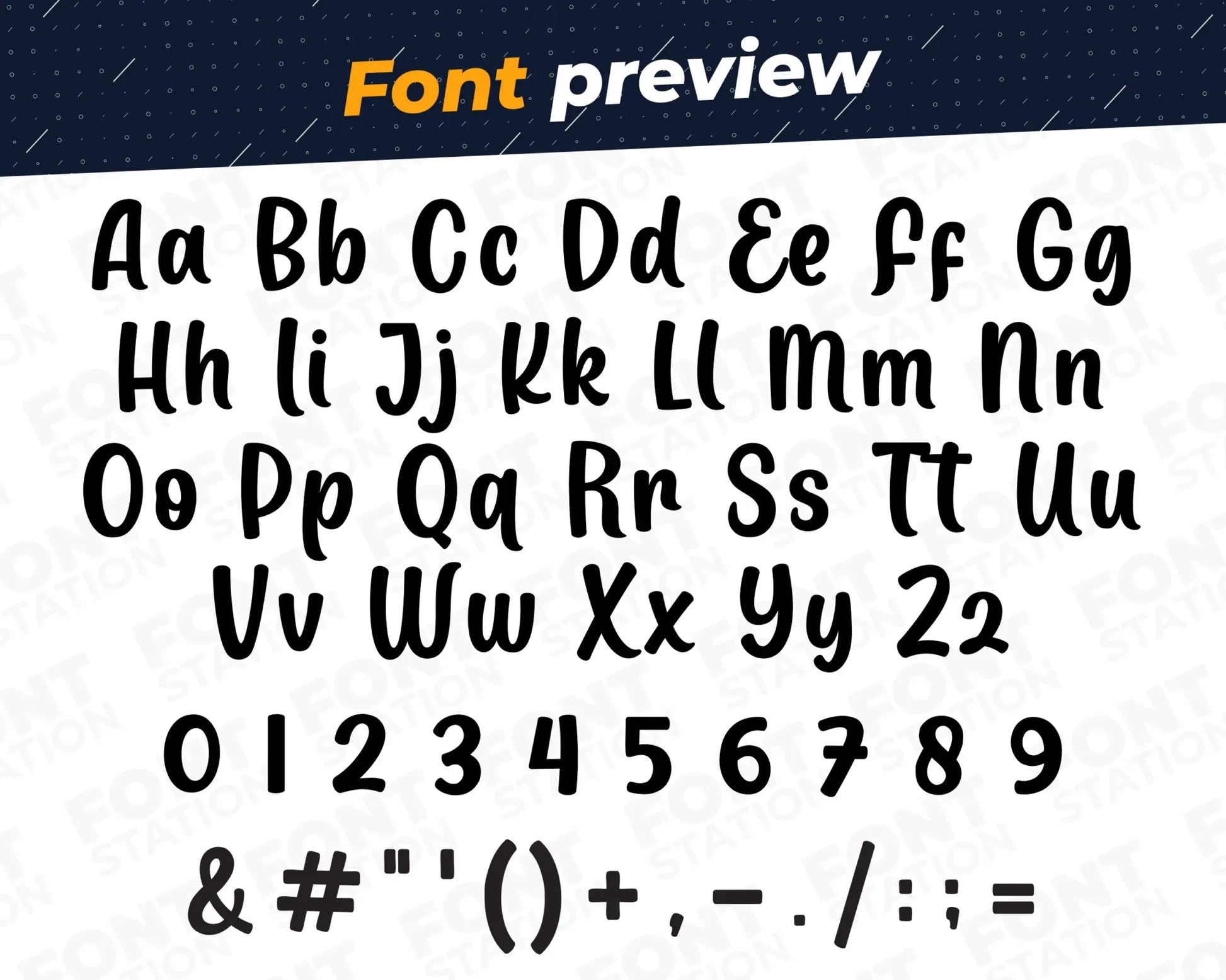 Image showing all characters available in the Unicorn font created by FontStation.