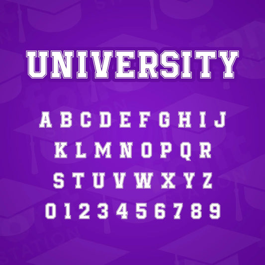 Image showing all characters available in the University font created by FontStation.