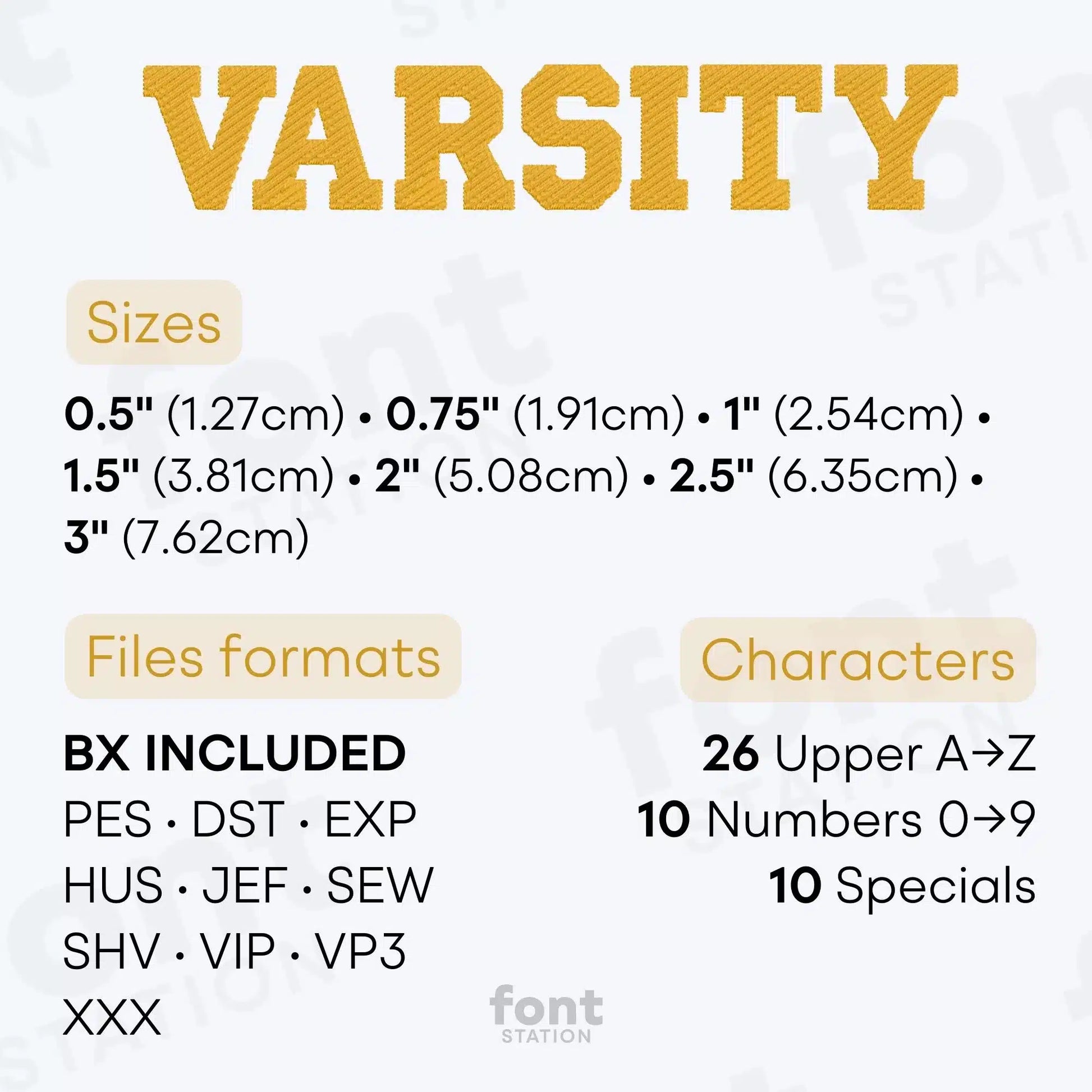 Image showing the different files formats, sizes, stitch type and available characters of the Varsity Embroidery Font by FontStation