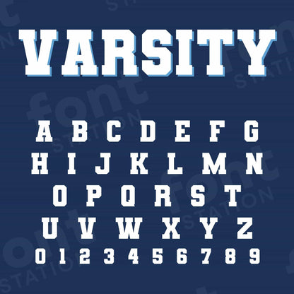 Image showing all characters available in the Varsity Sports font created by FontStation.