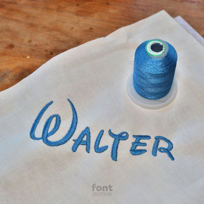 Image showing a word embroidered on textile using the Walter embroidery font created by FontStation