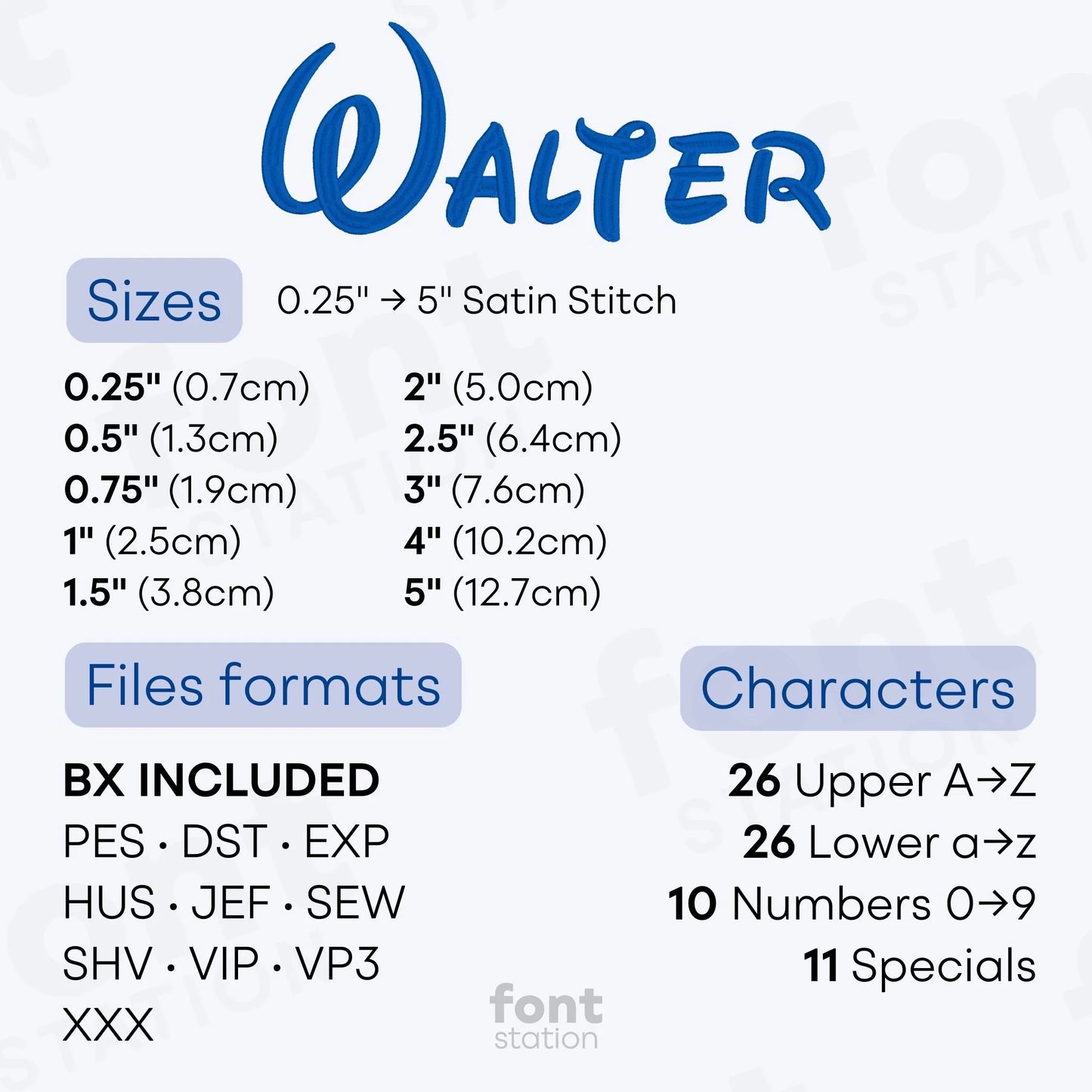 Image showing the different files formats, sizes, stitch type and available characters of the Walter Embroidery Font by FontStation
