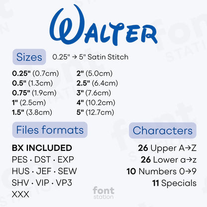 Image showing the different files formats, sizes, stitch type and available characters of the Walter Embroidery Font by FontStation