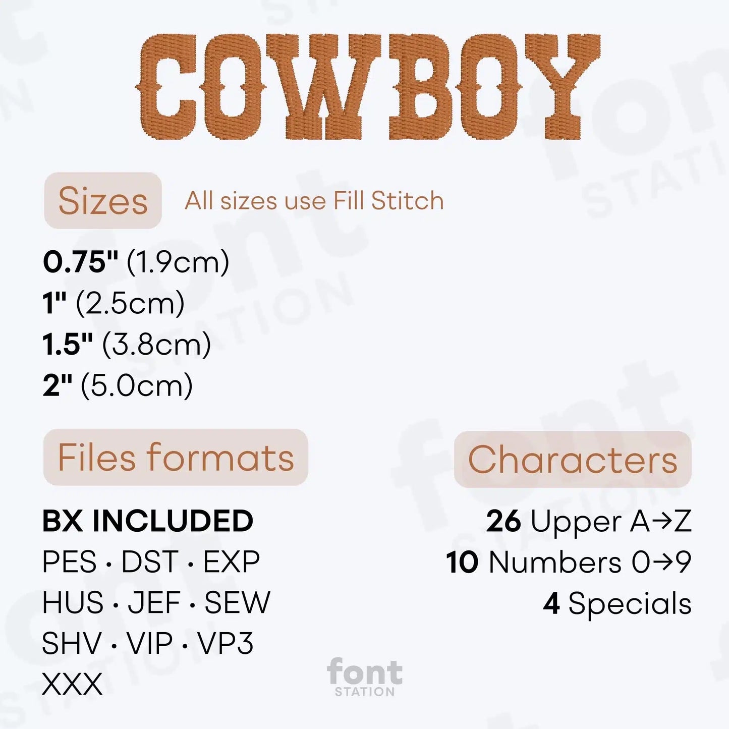 Image showing the different files formats, sizes, stitch type and available characters of the Western Embroidery Font by FontStation