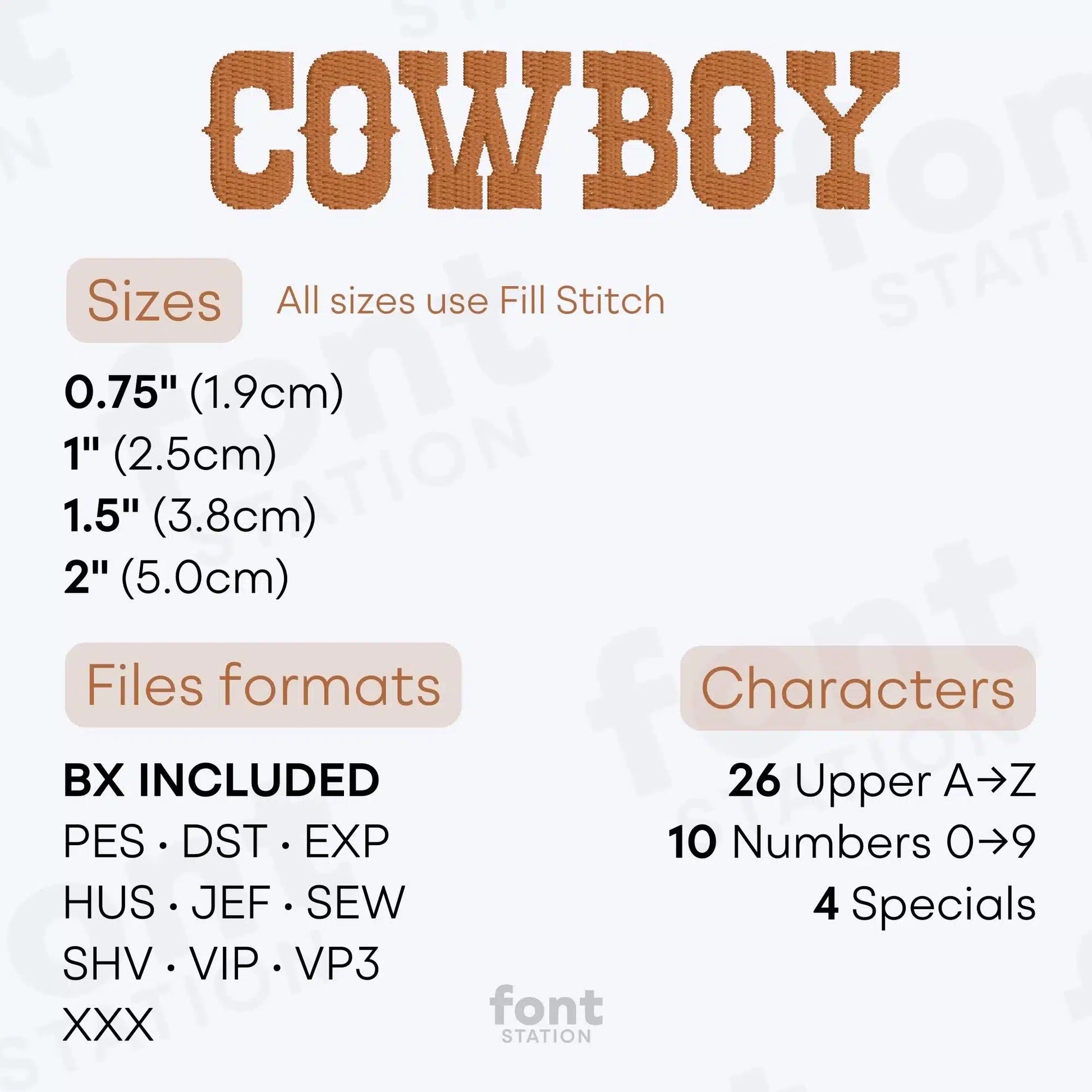 Image showing the different files formats, sizes, stitch type and available characters of the Western Embroidery Font by FontStation