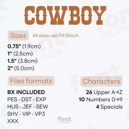 Image showing the different files formats, sizes, stitch type and available characters of the Western Embroidery Font by FontStation