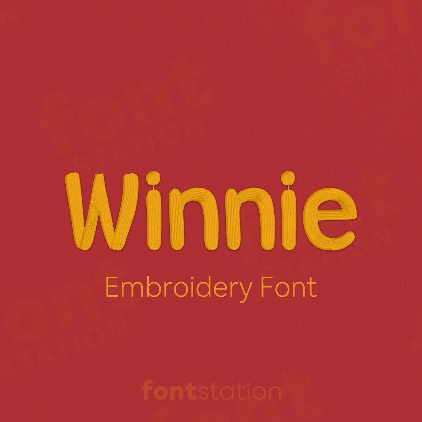 Main image of the Winnie embroidery font created by FontStation.