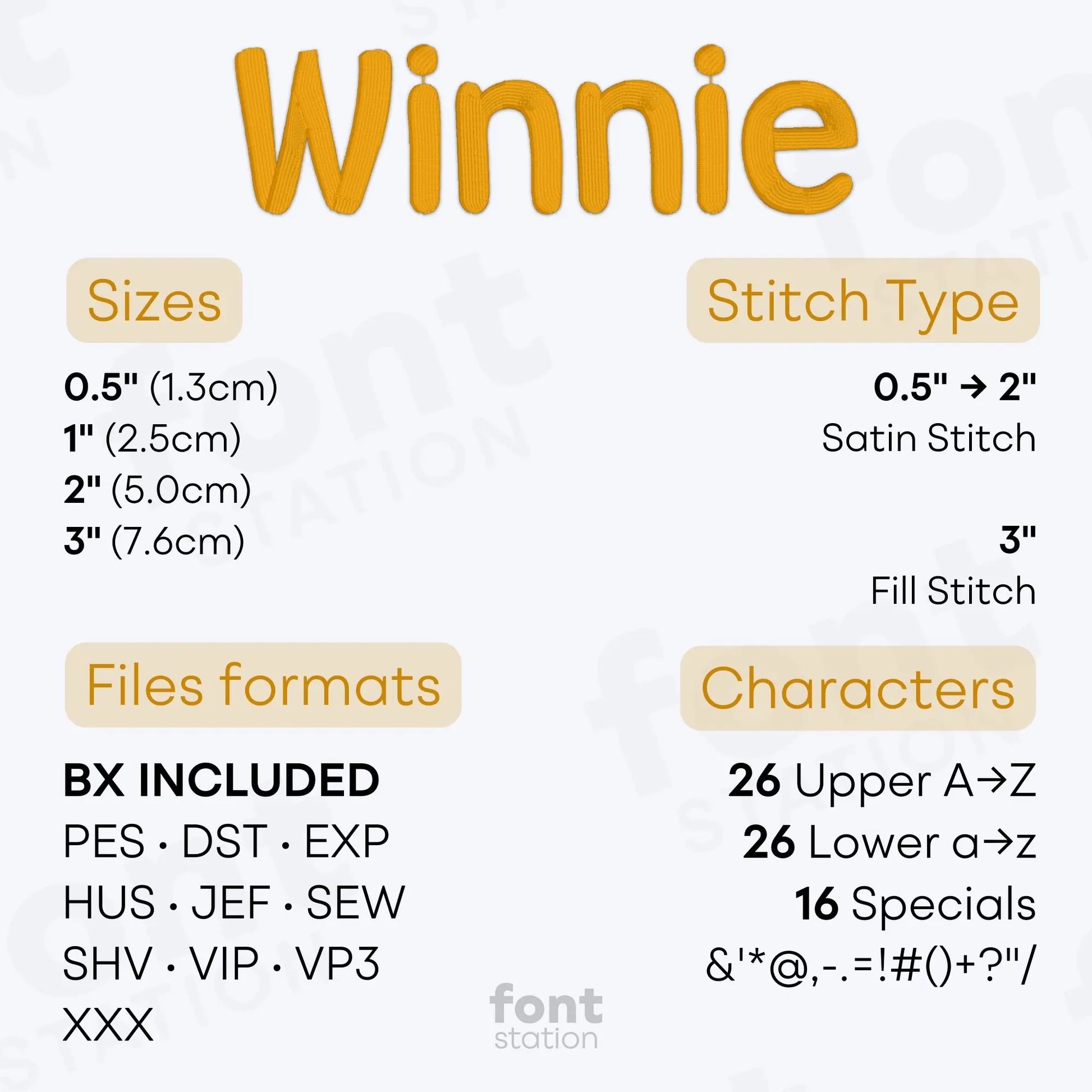 Image showing the different files formats, sizes, stitch type and available characters of the Winnie Embroidery Font by FontStation