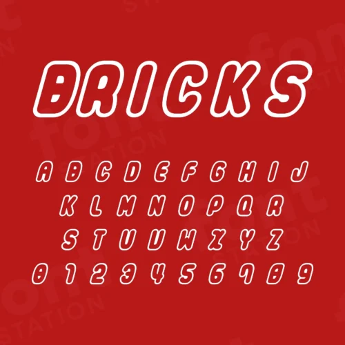 Image showing all characters available in the Lego Bricks font created by FontStation.