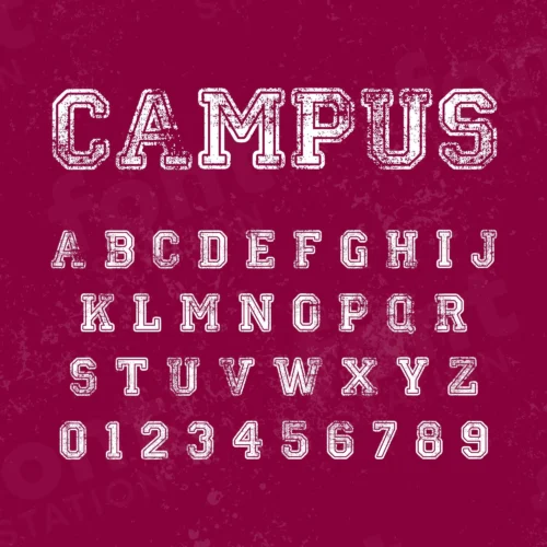 Image showing all characters available in the Campus Distressed font created by FontStation.