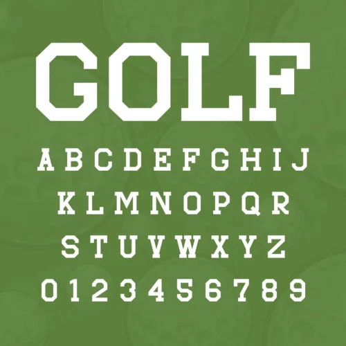 Image showing all characters available in the Golf font created by FontStation.