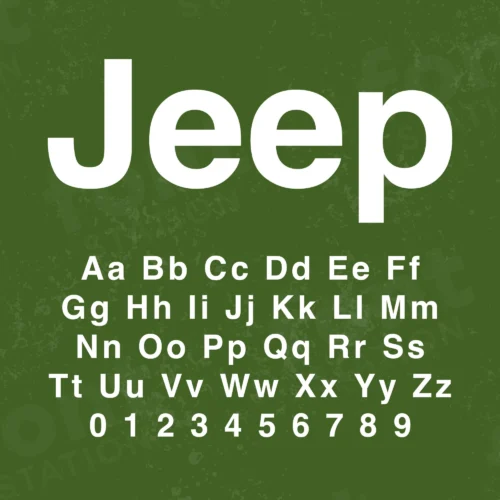 Image showing all characters available in the Jeep font created by FontStation.