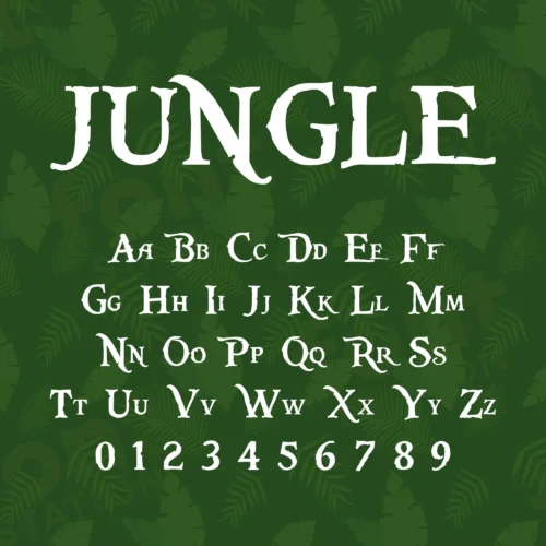 Image showing all characters available in the Jungle Book font created by FontStation.