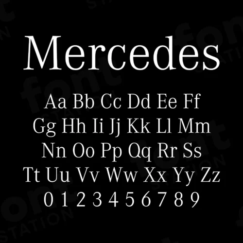 Image showing all characters available in the Mercedes Car font created by FontStation.