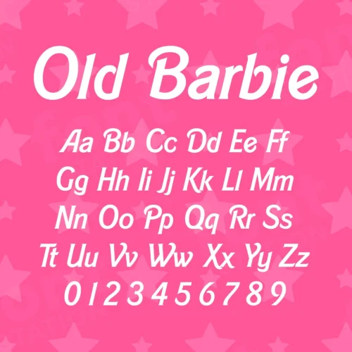 Image showing all characters available in the Old Barbie font created by FontStation.