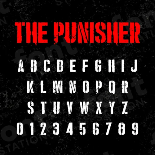 Image showing all characters available in the The Punisher font created by FontStation.