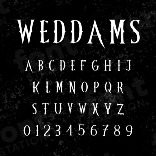 Image showing all characters available in the Wednesday Addams font created by FontStation.