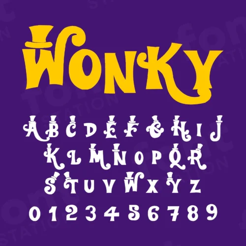 Image showing all characters available in the Willy Wonka font created by FontStation.
