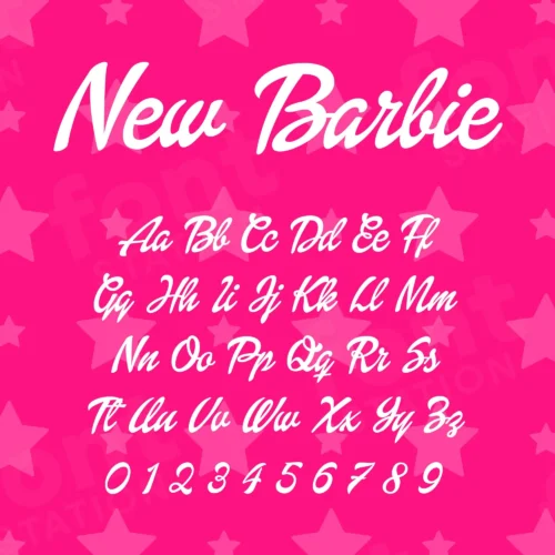 Image showing all characters available in the New Barbie font created by FontStation.