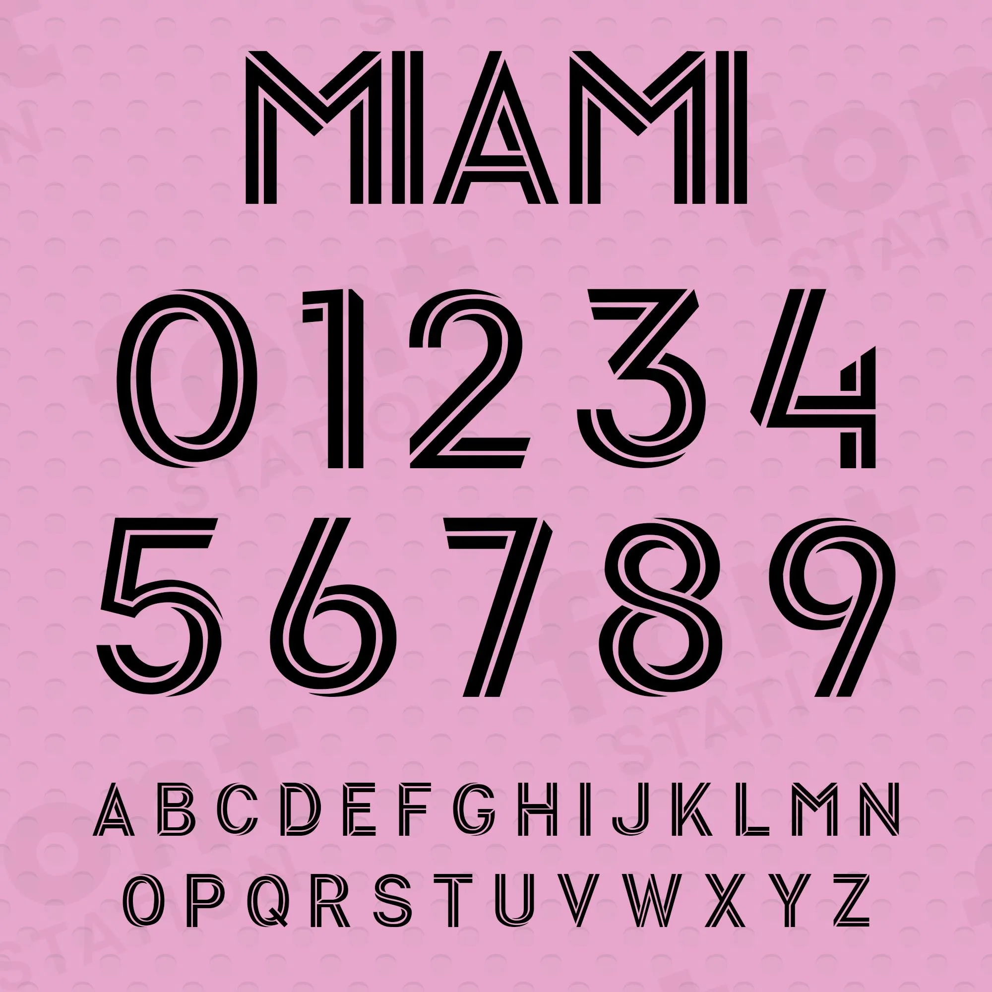 Imagen que muestra todos los caracteres disponibles en la fuente Inter Miami Soccer Font creada por FontStation.