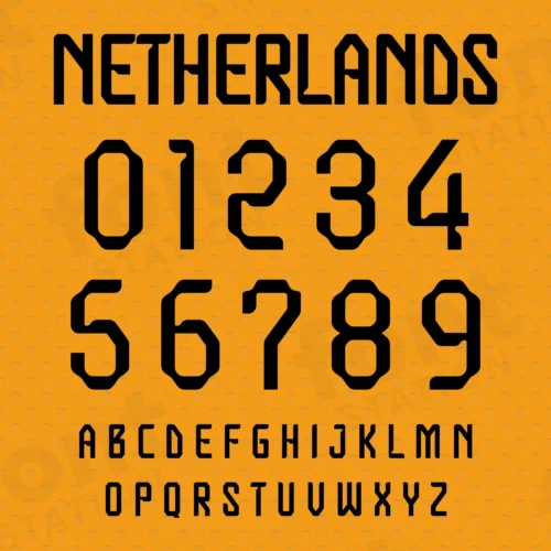 Image showing all characters available in the Netherlands Soccer Font created by FontStation.